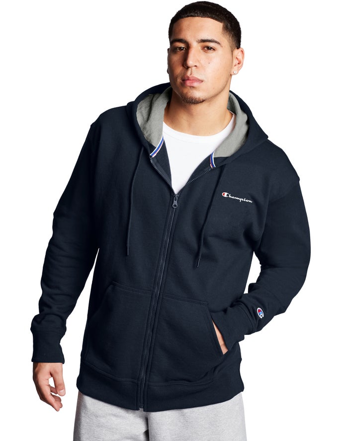 Champion Hoodie Heren - Donkerblauw - Powerblend Fleece Full Zip Script Logo ( 074536-ZUJ )